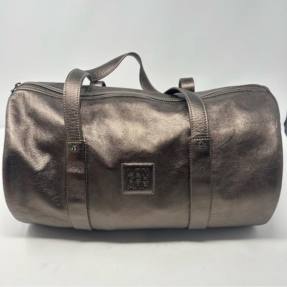 Longchamp Metallic Gunmetal Champagne Boston leather Duffel Shoulder Bag Y2K - Picture 1 of 16
